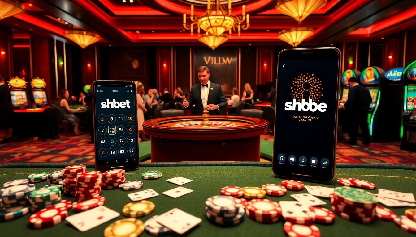 Players engaging with the shbet app on their smartphones amidst a luxurious casino atmosphere.