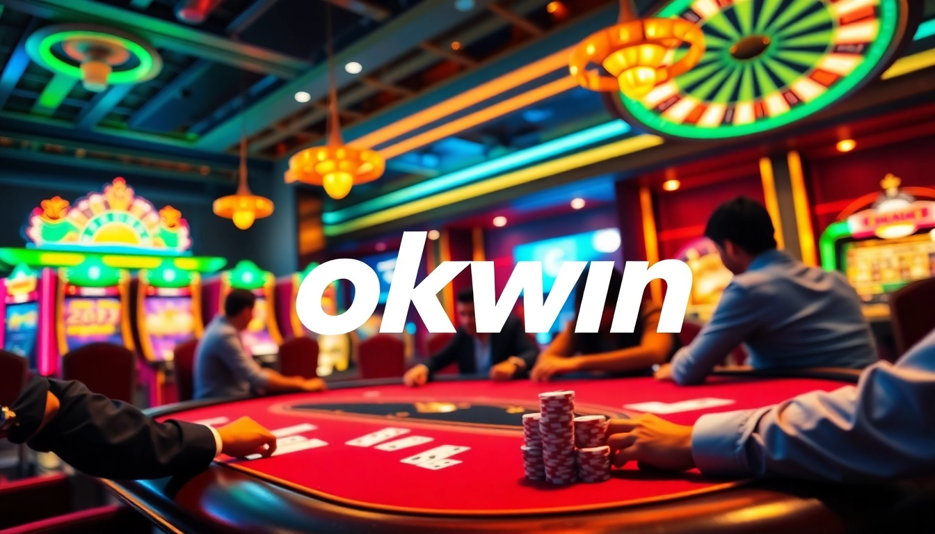 Experience the thrill of Okwin with strategic gameplay at an upscale casino table featuring poker and slots.