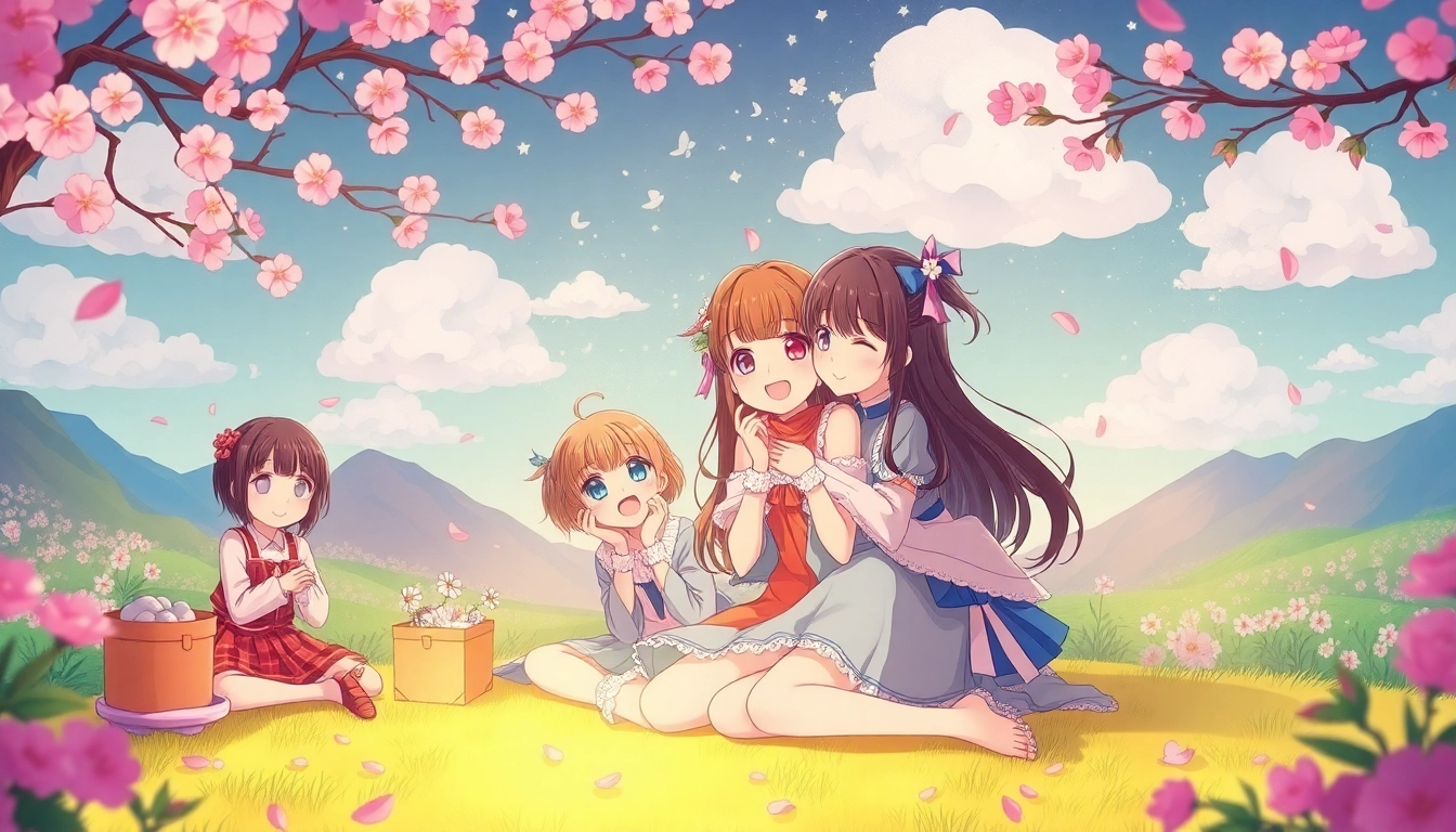 Dynamic anime sex fantasy scene with joyful characters in a whimsical landscape.