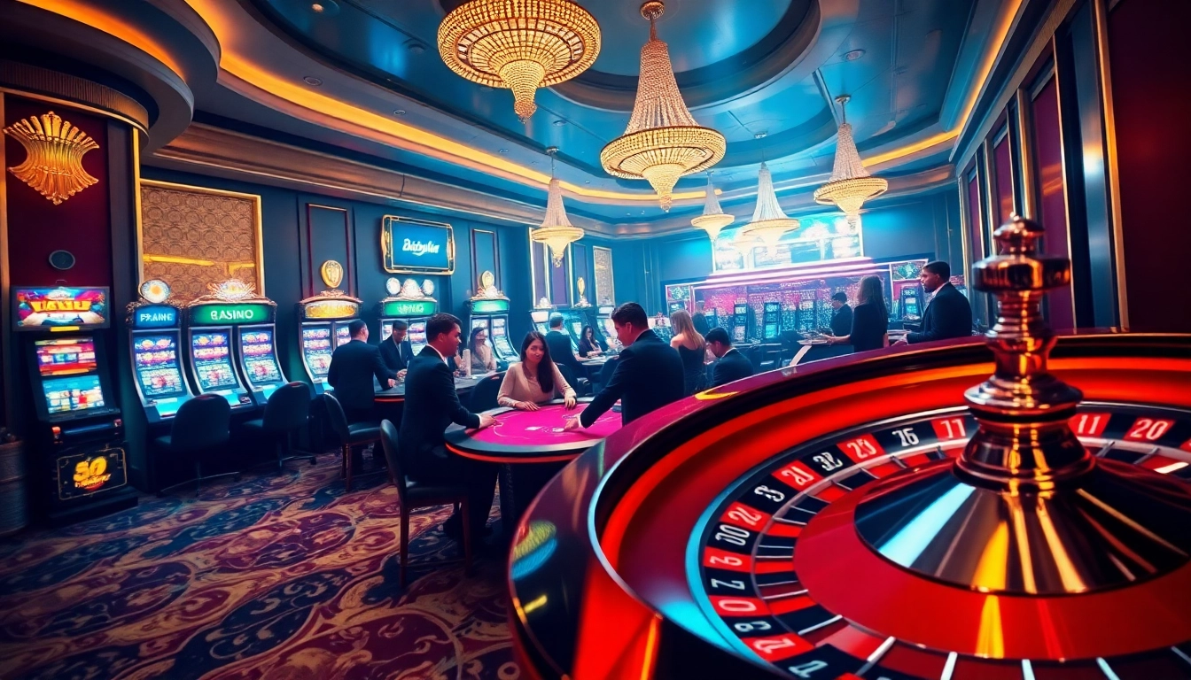 Engaged players at Babu88 enjoying casino games with vibrant tables and roulette.