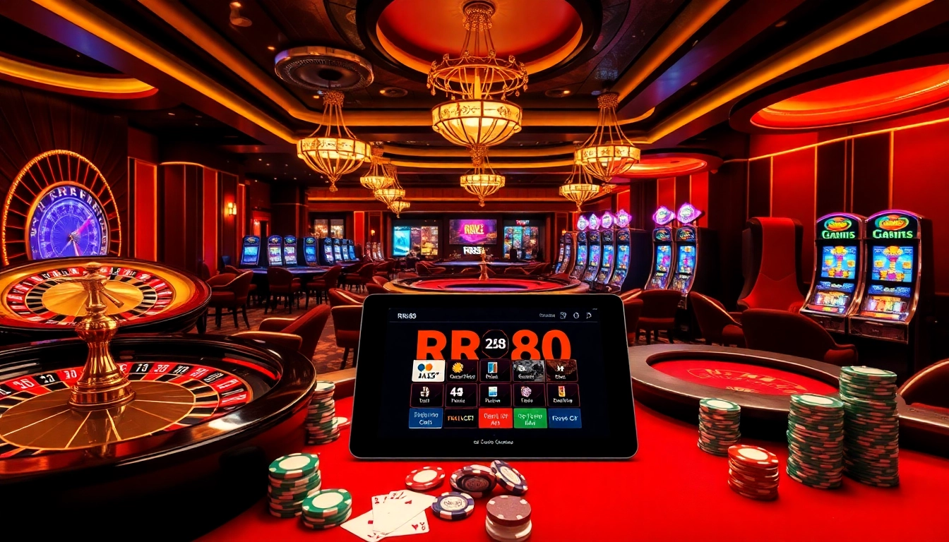 Enjoying a thrilling game of RR88 with vibrant slot machines and roulette tables.