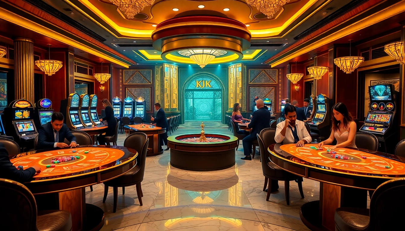 Placing bets at KJC LINK casino featuring poker tables, roulette wheels, and vibrant gaming atmosphere.
