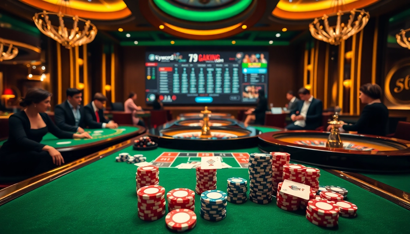 Experience the excitement of gambling at 79king 01com with vibrant poker chips on elegant casino tables.