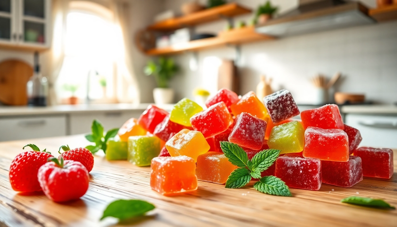 Enjoy colorful Weed Gummies on a rustic table against a cozy kitchen backdrop.