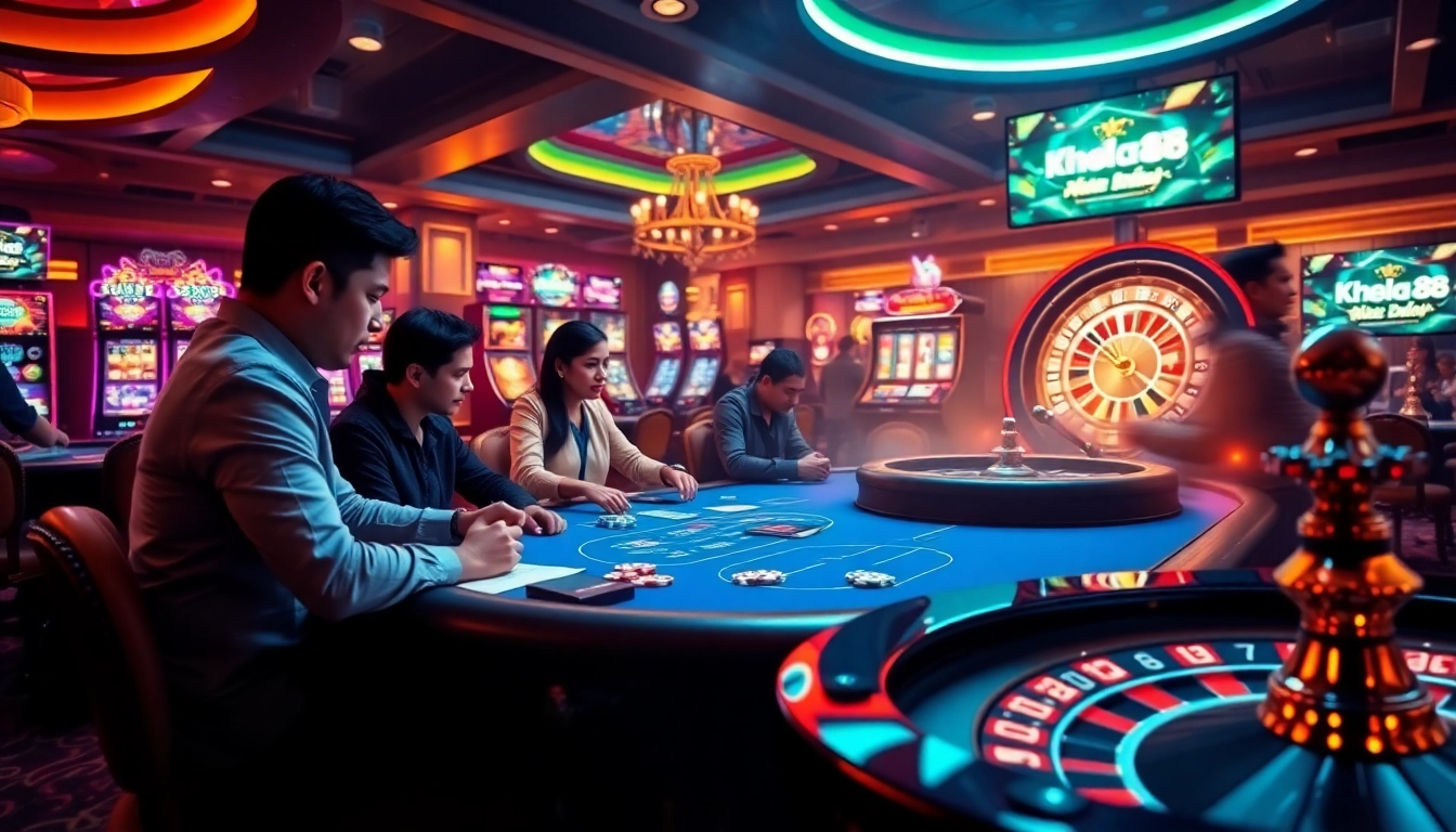 Khela88 Bangladesh players enjoying vibrant gambling activities at a lively casino scene.