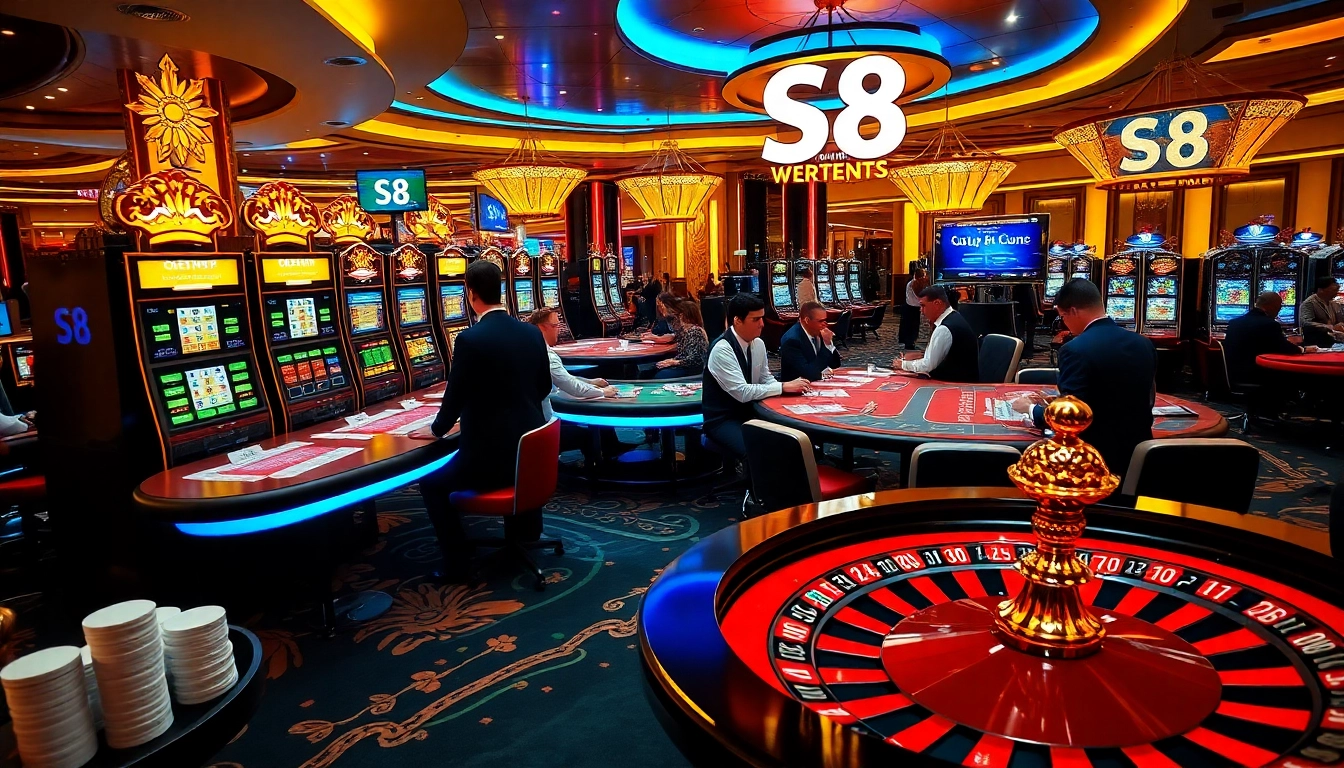 Experience high-stakes gambling at S8 casino, featuring vibrant slot machines and experienced players.