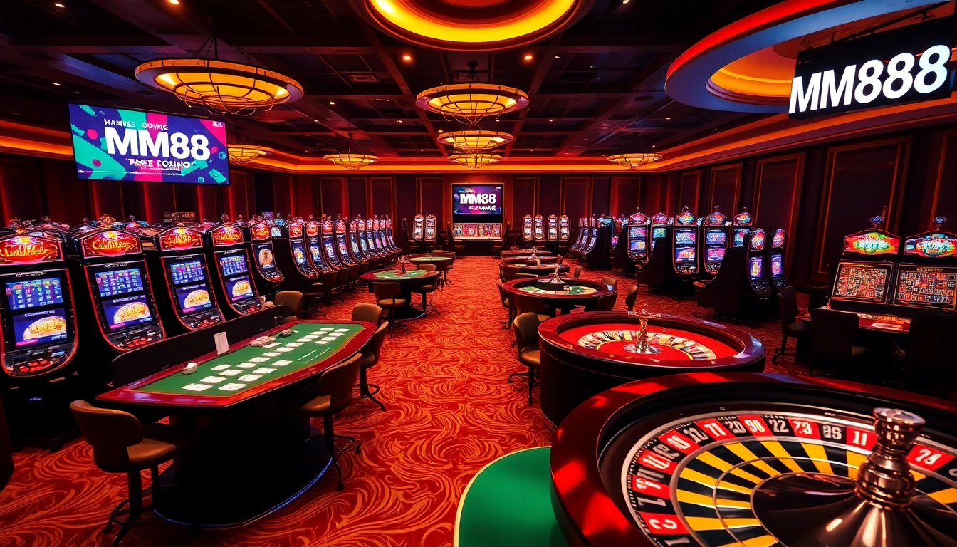 Engaging scene of MM88 online casino with vibrant games, elegant tables, and dynamic lighting.