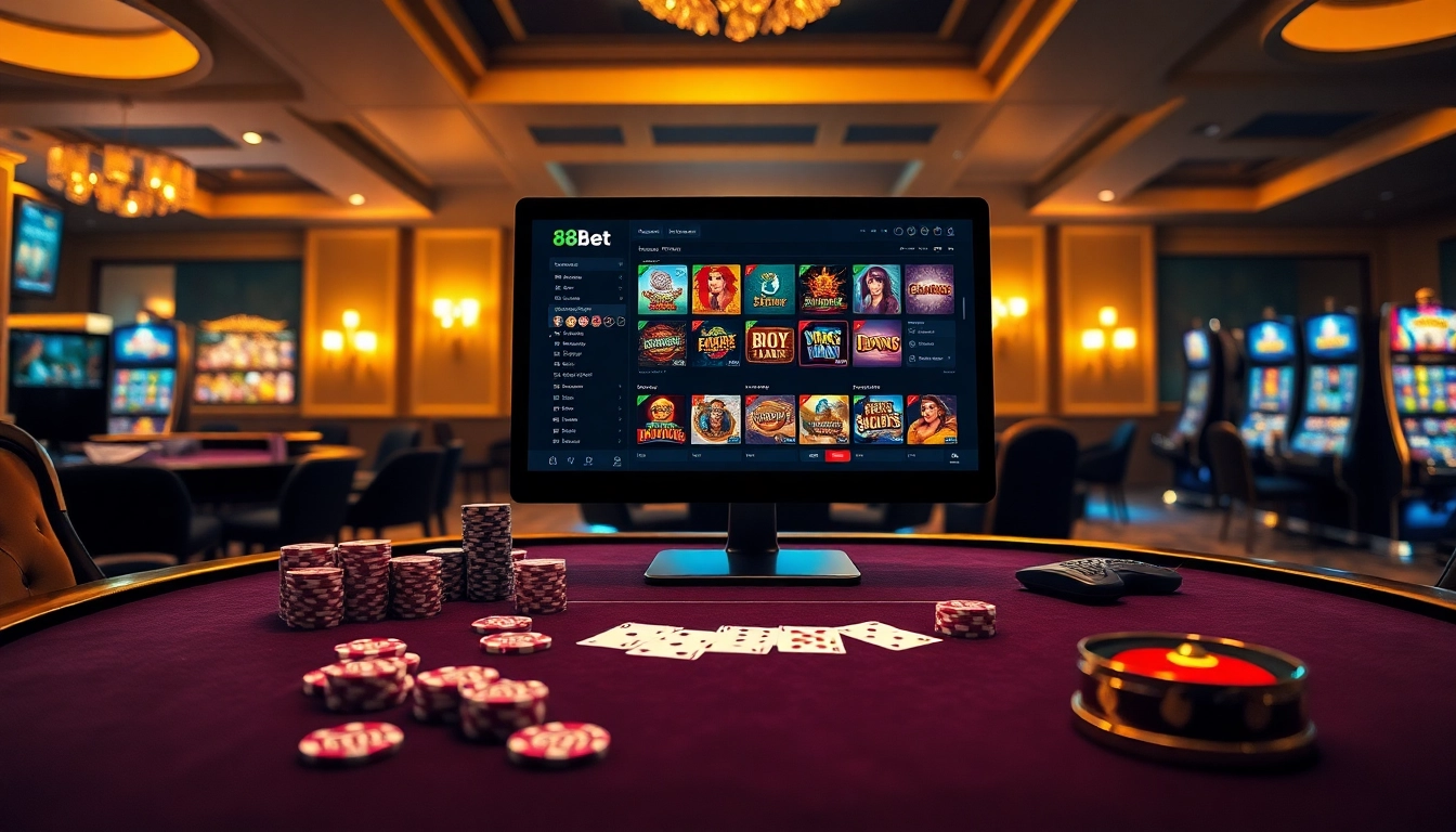 Feel the excitement of 88bet with a luxurious casino setup featuring poker chips and a roulette wheel.