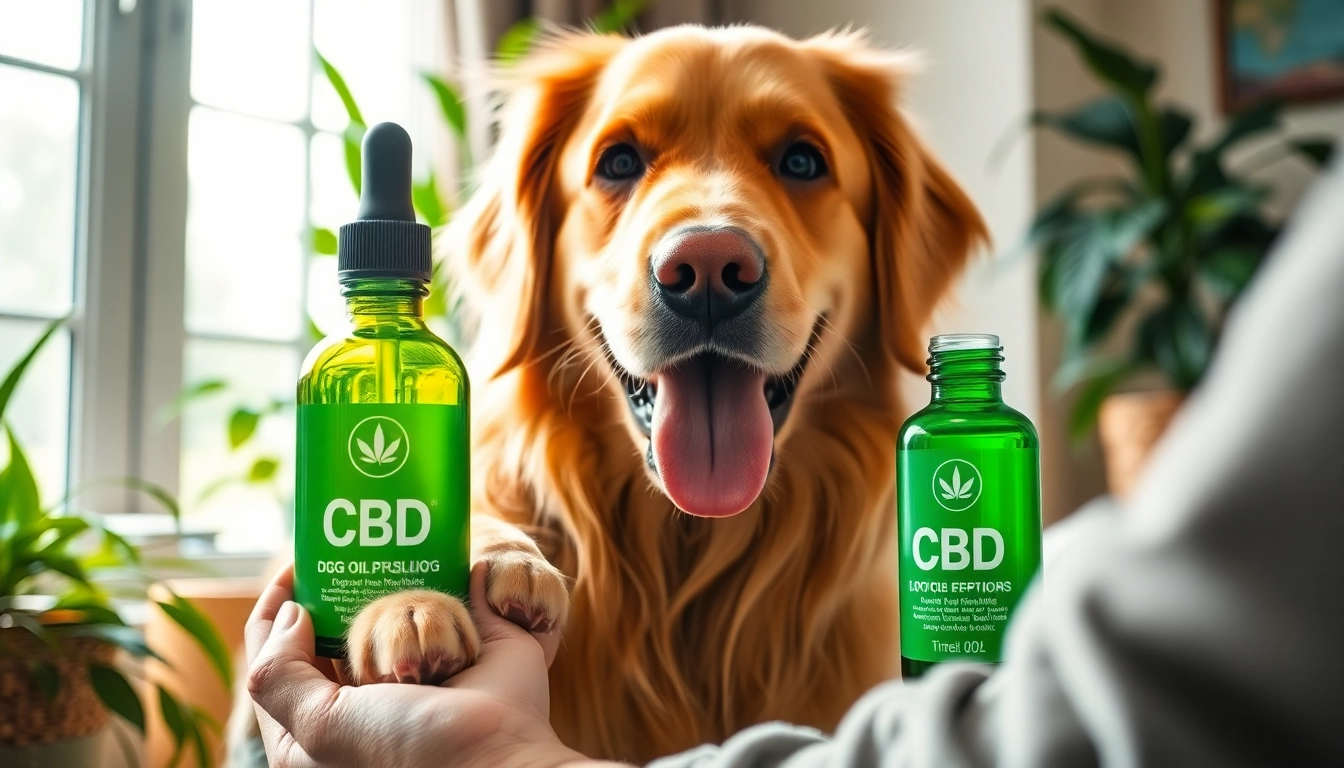 Happy golden retriever with CBD Oil For Dog during an engaging moment in a warm setting.
