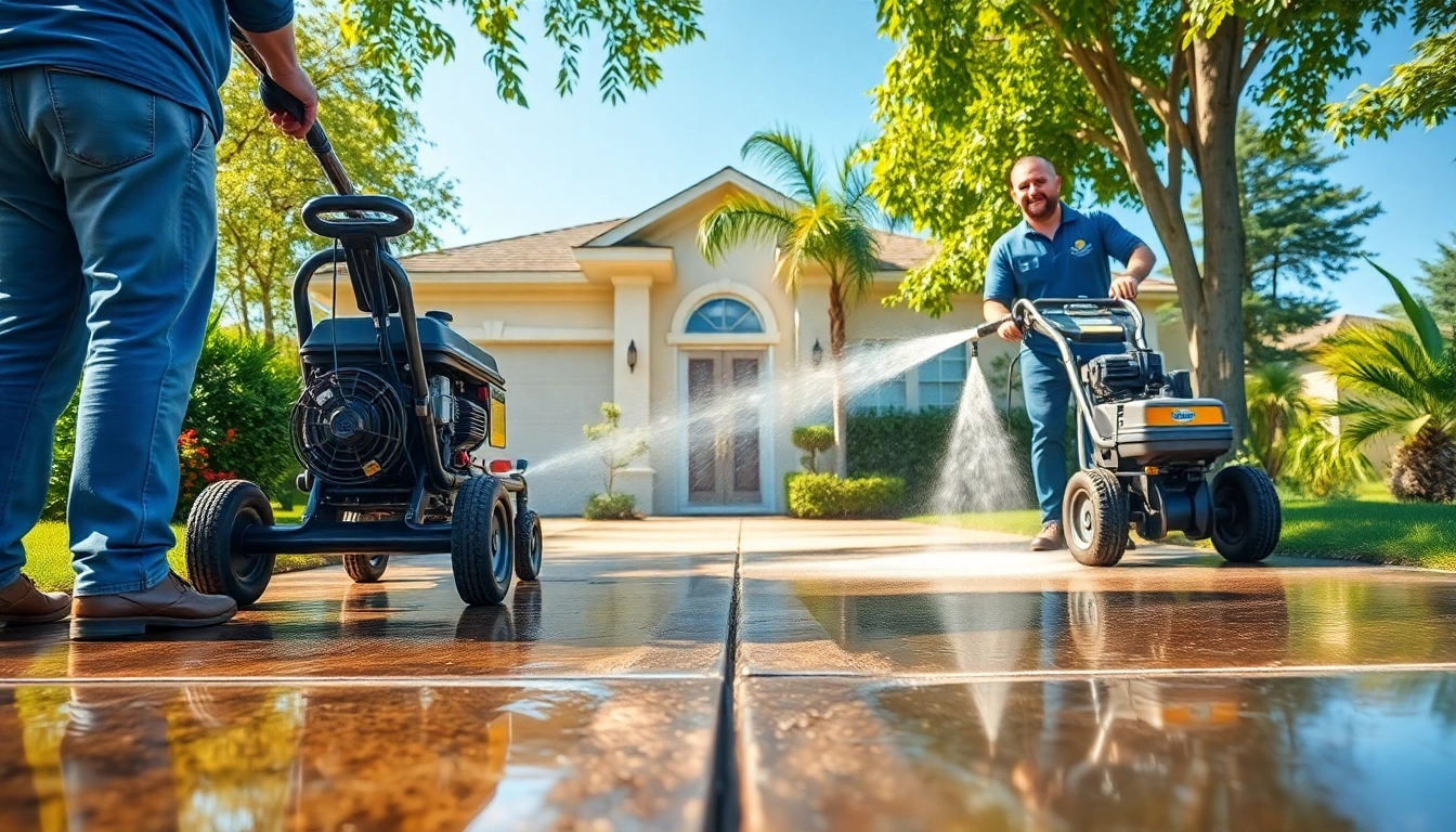 Concrete cleaning in Kissimmee FL, showcasing a professional pressure washing team transforming a driveway.