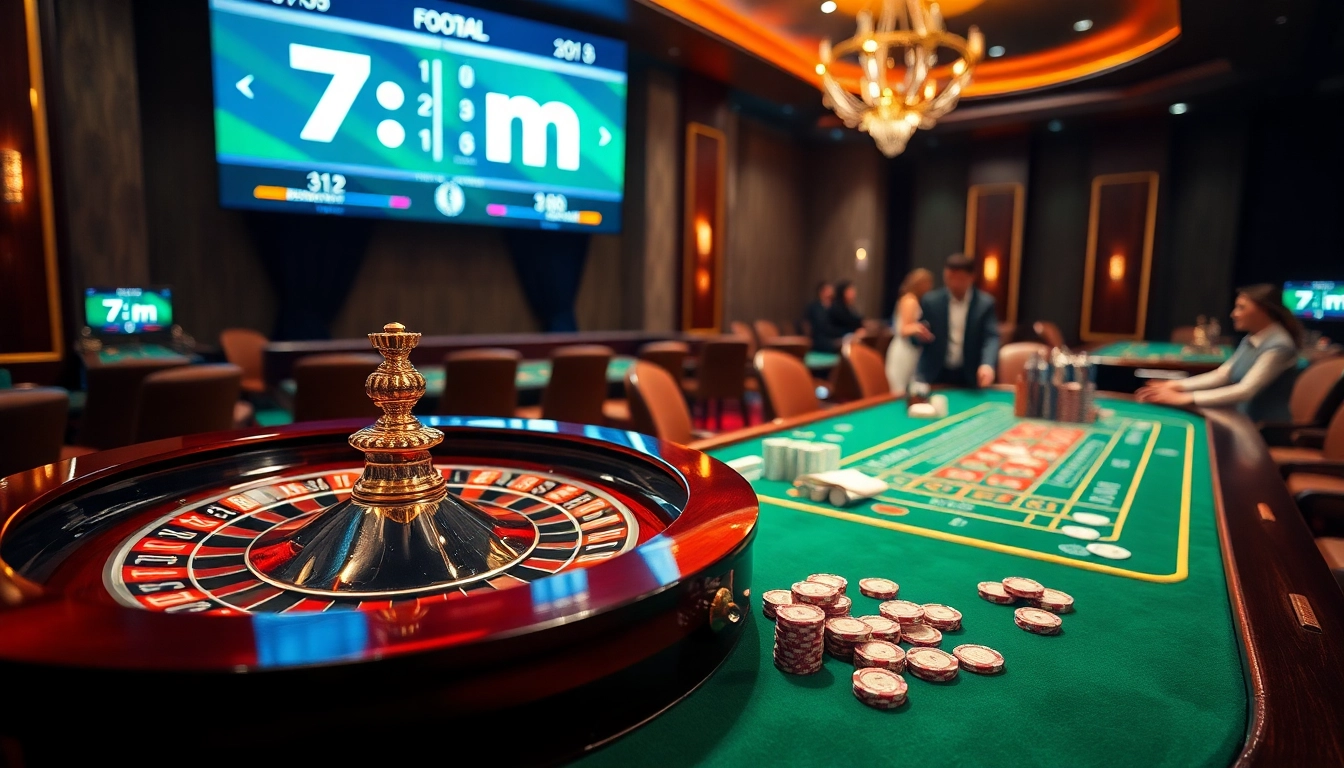 Betting on thrilling games at a luxurious casino with 7m scores flashing in the background.