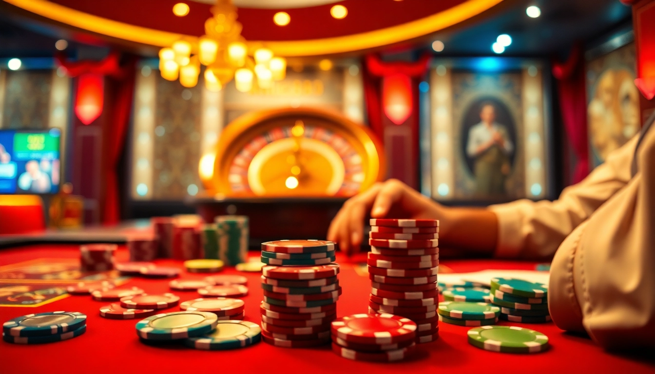 Khela88 casino scene featuring poker chips, a roulette wheel, and an engaging gambling atmosphere.