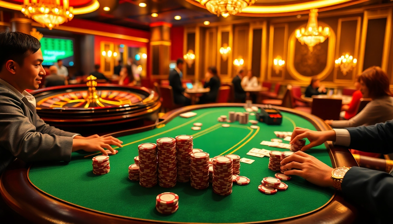 Players enjoying a thrilling game at nhà cái 789win's high-stakes poker table under luxurious lighting.