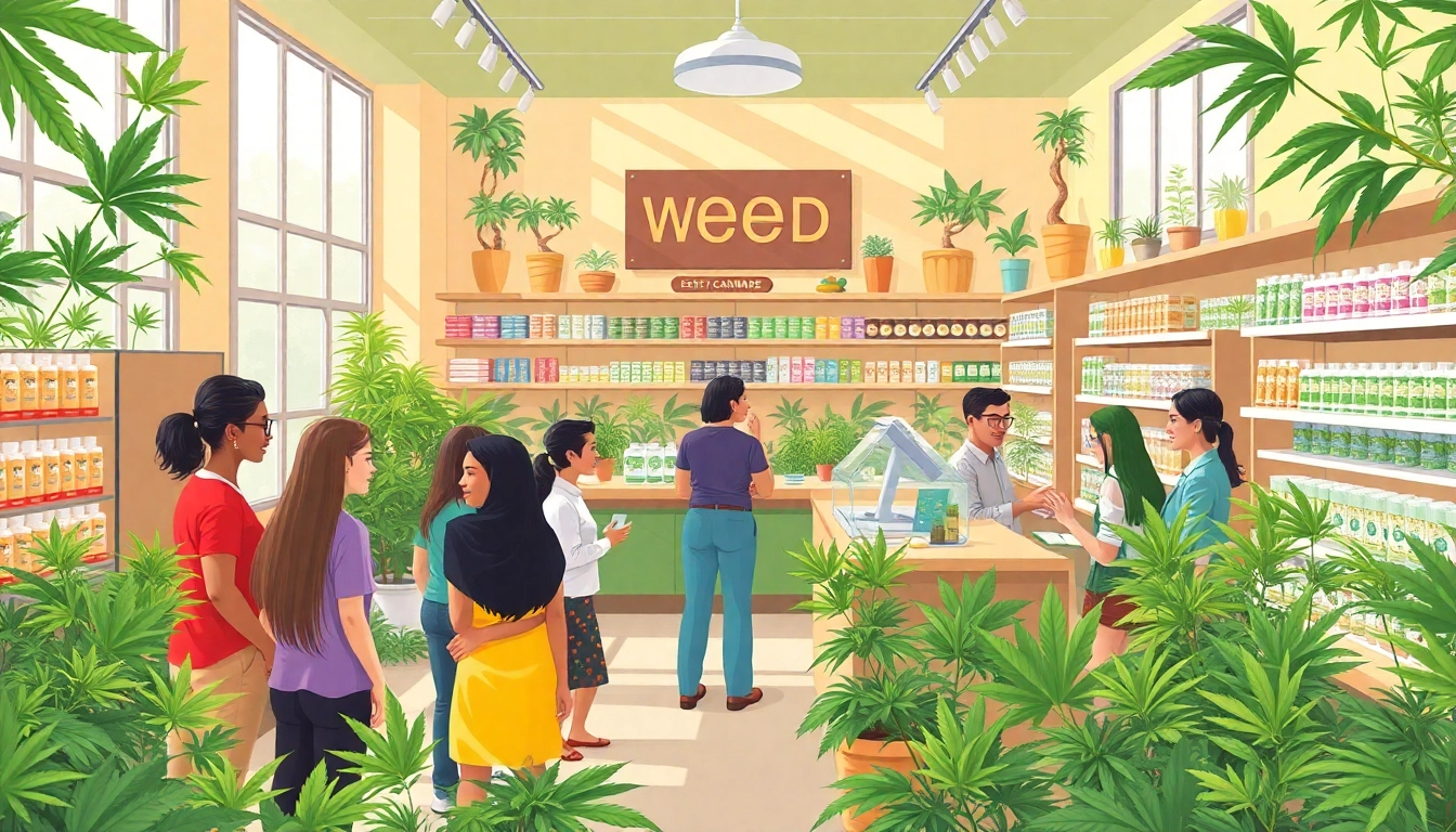 Engage with various cannabis products at a vibrant Weed Store showcasing friendly staff and customers.