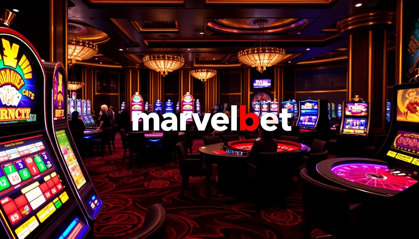 Players enjoying casino games at Marvelbet with illuminated slot machines and elegant tables.