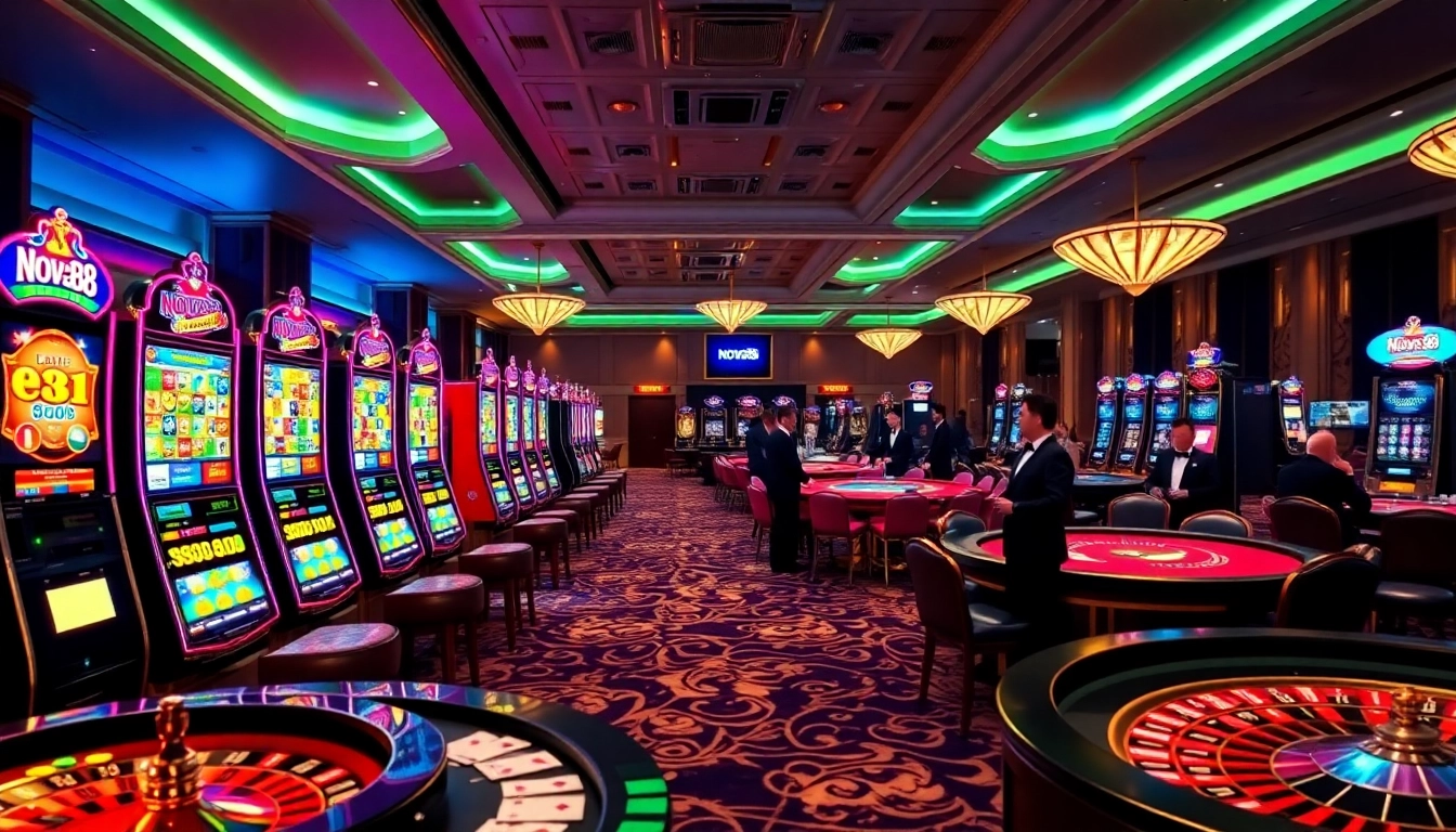 A captivating view of the luxurious environment at trang chủ nova88, featuring colorful slot machines and engaged players at poker tables.