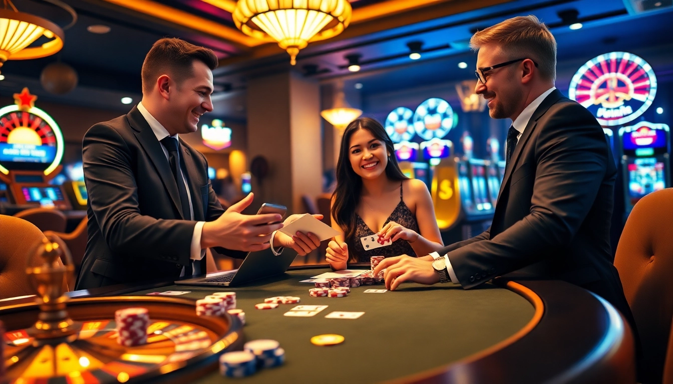 Australia migration agent assisting clients in a vibrant casino scene filled with excitement.