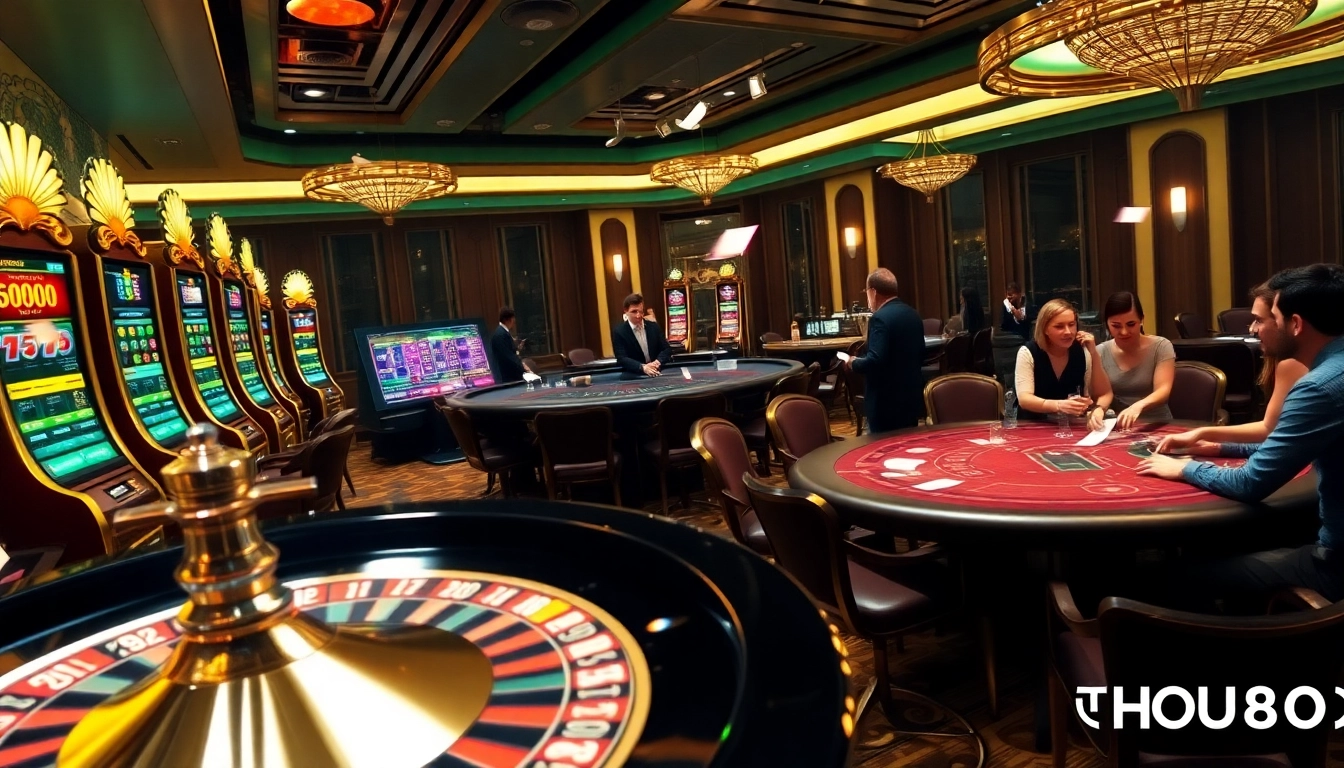 Experience the thrill of tải NOHU90 with vibrant slot machines and an exciting poker table setup.
