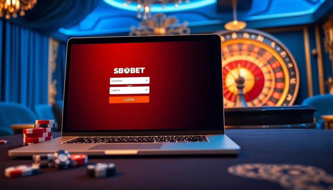 Engage with SBOBET login interface surrounded by casino elements, enhancing online gambling experience.