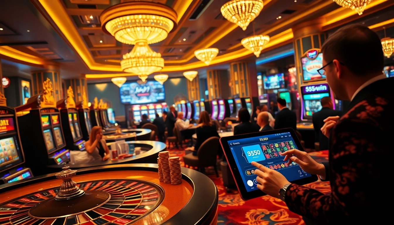 Players enjoying the vibrant casino atmosphere at 555win with stunning slot machines and poker tables.
