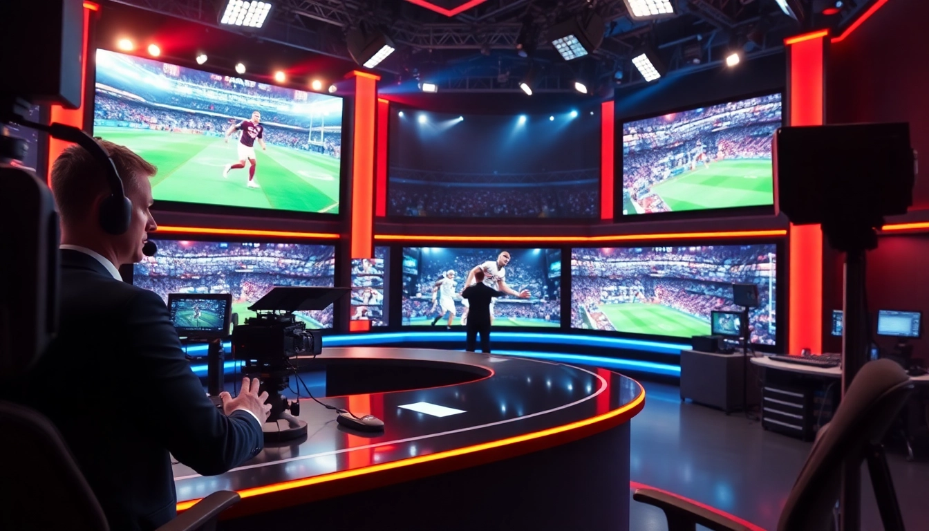 Engaging sports broadcasting studio showcasing live commentary, cutting-edge visuals, and lively atmosphere.