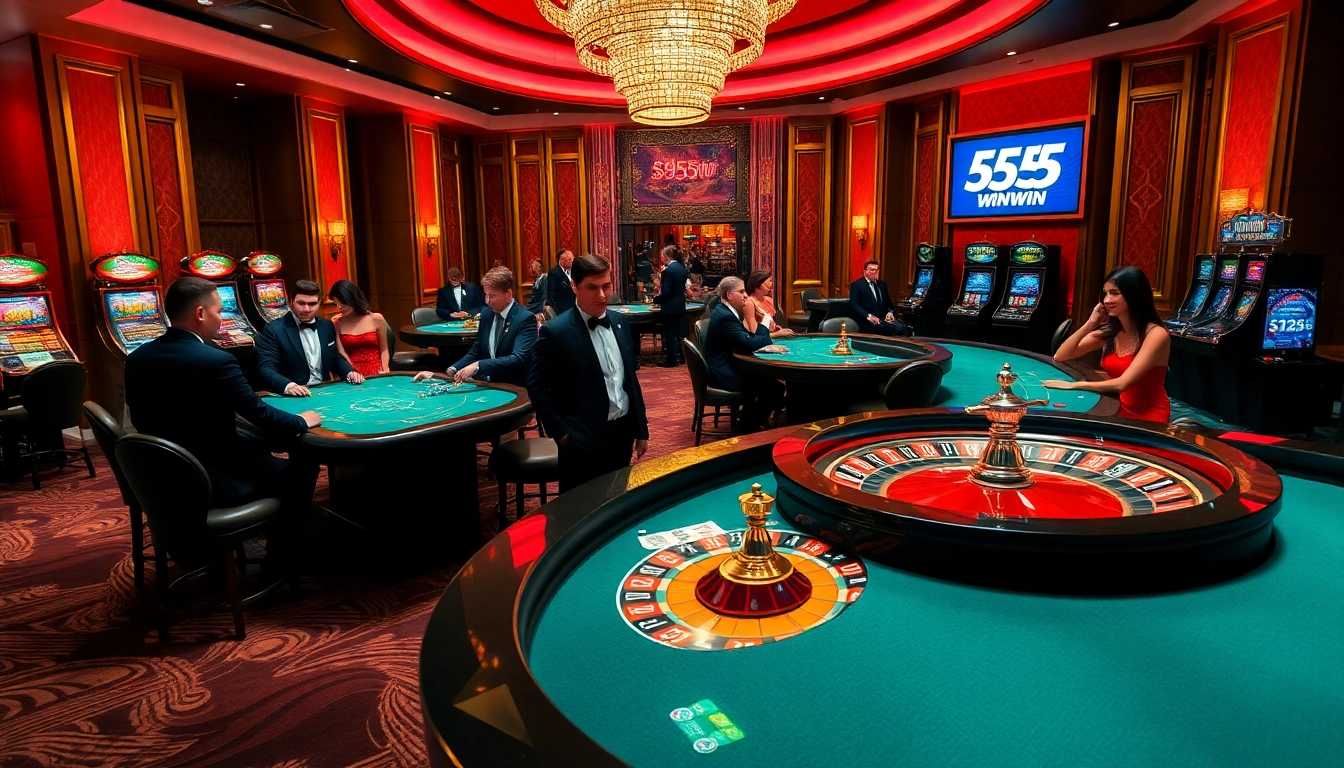 Experience the thrill of winning at 555win casino with elegantly set poker tables and vibrant excitement.
