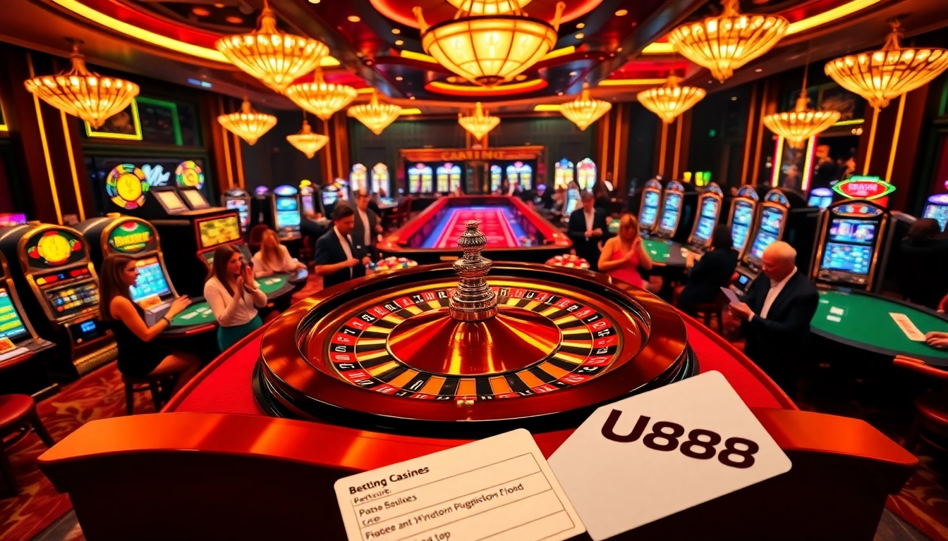 Gamblers enjoying games at U888 casino, showcasing roulette and vibrant betting scenes.