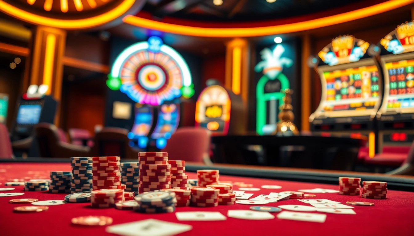 Exciting poker action at topclub casino with colorful chips and warm lighting ambiance