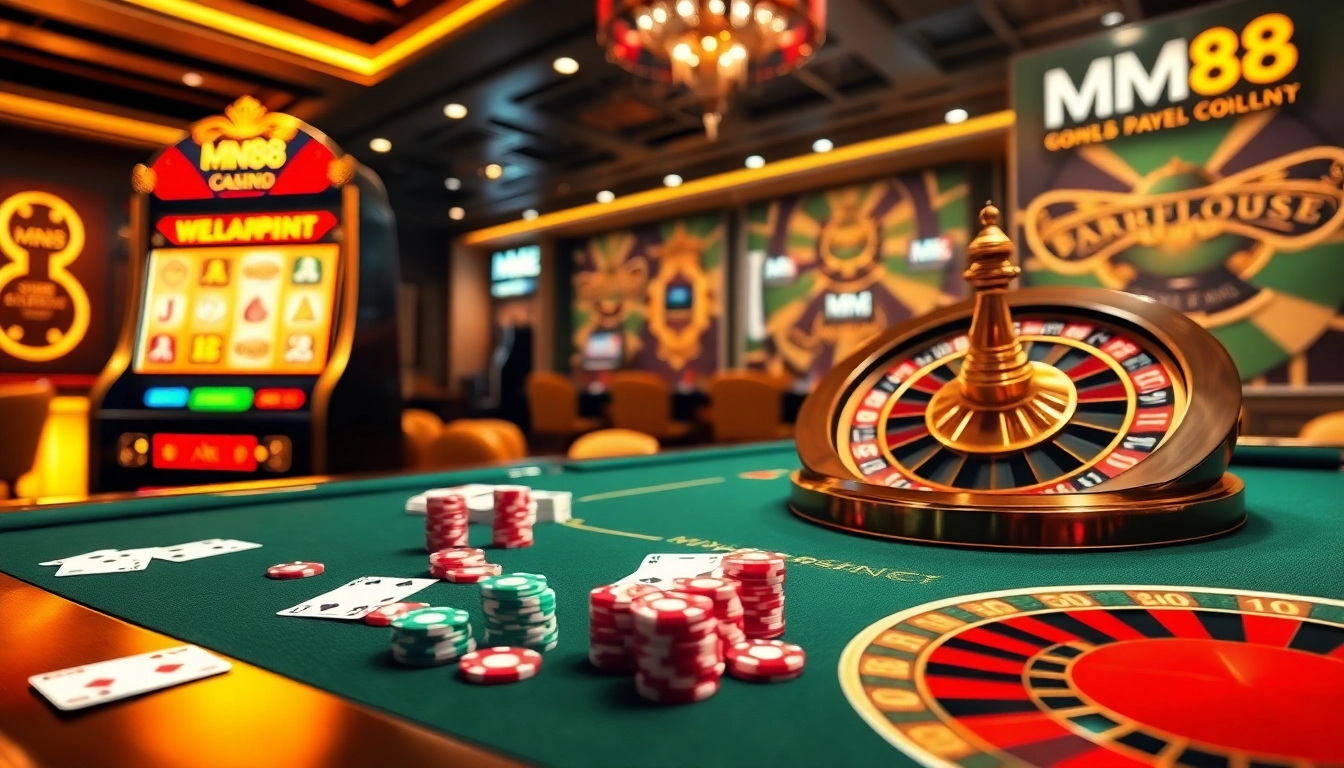 Experience the excitement of MM88 casino with vibrant slot machines and colorful poker chips.