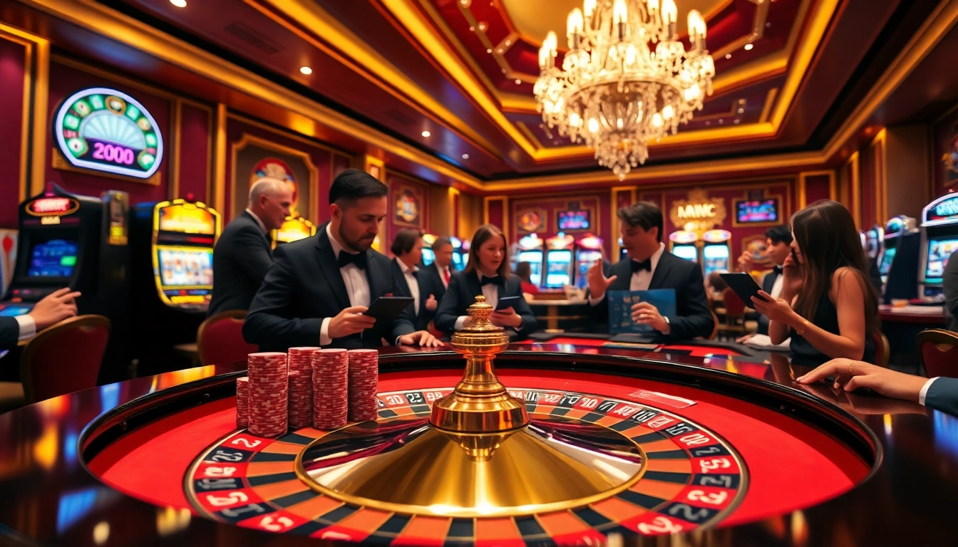Exciting casino scene with vibrant roulette table and trang chủ mmoo branding elements.