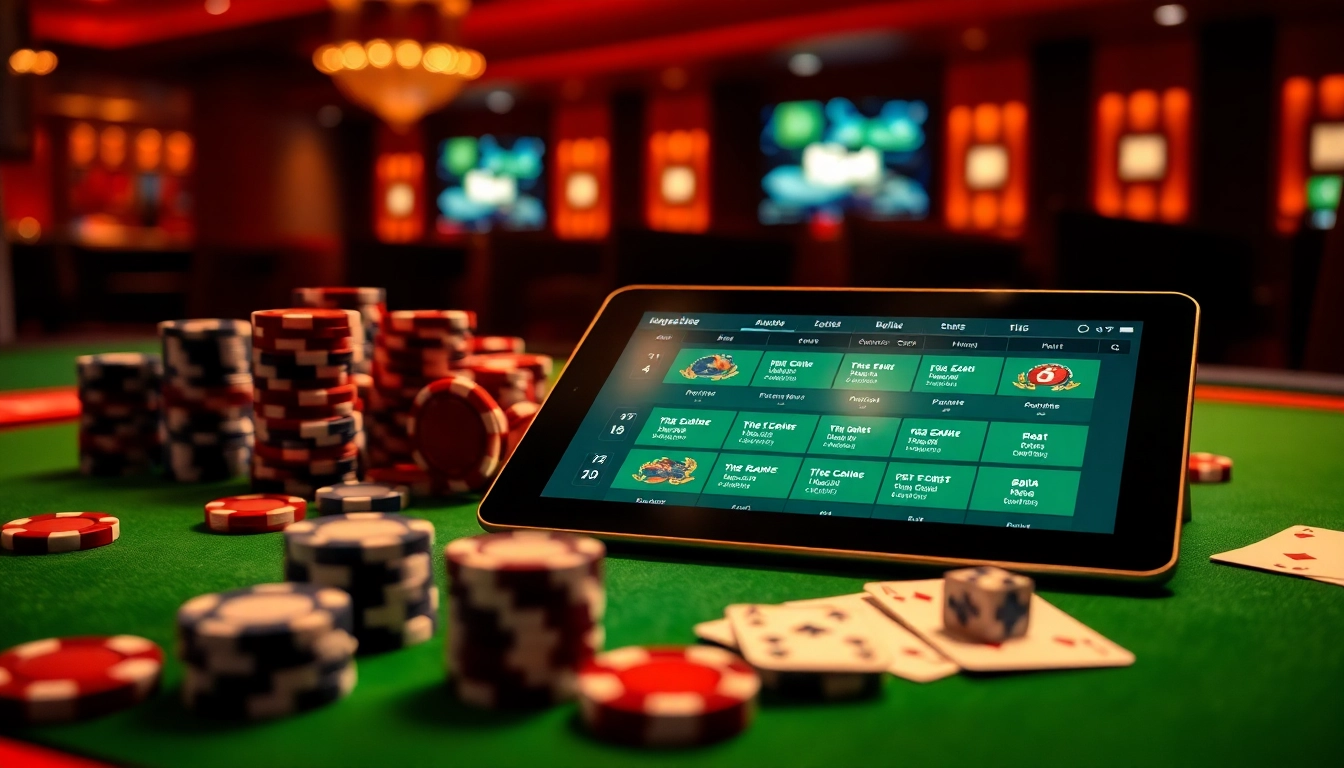Experience thrilling online gaming at nhà cái i5bet with vibrant casino chips, cards, and a digital betting tablet.