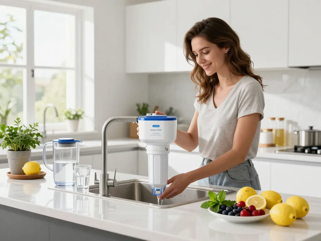 AQUA CREST GXRTQR Inline Water Filter installation in a bright kitchen with fresh ingredients, promoting healthy living.