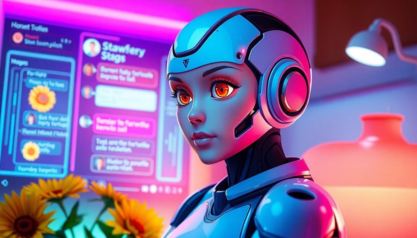 Engaging scene of a character ai nsfw interacting in a cozy digital environment, featuring playful elements like sunflowers and strawberry milk.