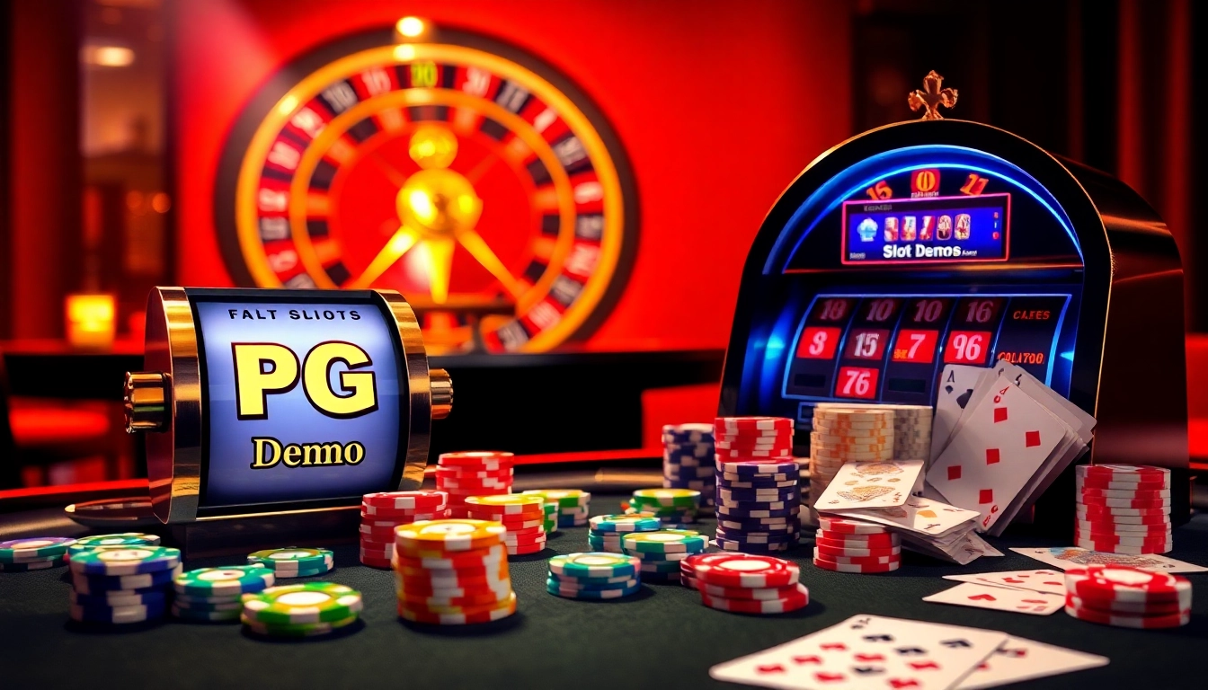Experience the excitement of pg slot demo on a glamorous casino table with chips and cards.