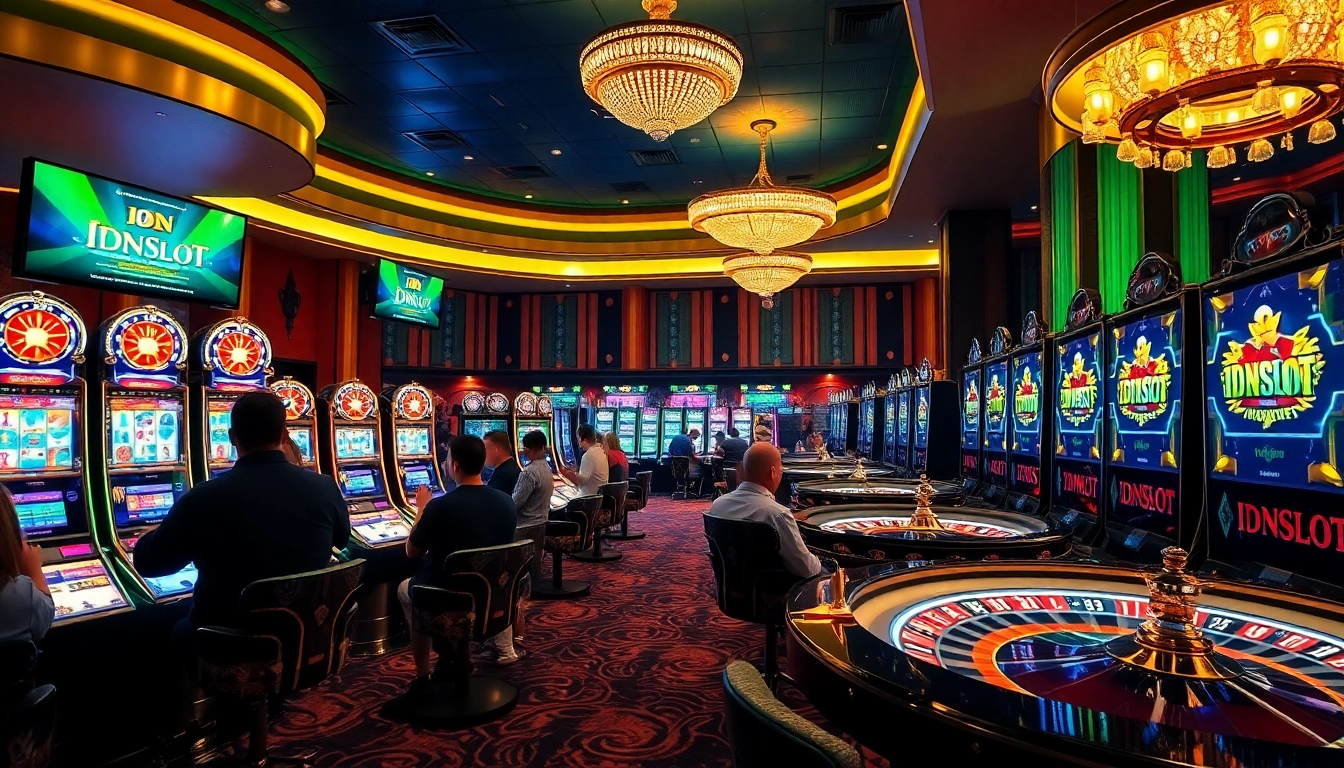 Play idnslot at a luxurious casino featuring vibrant slot machines and poker chips.