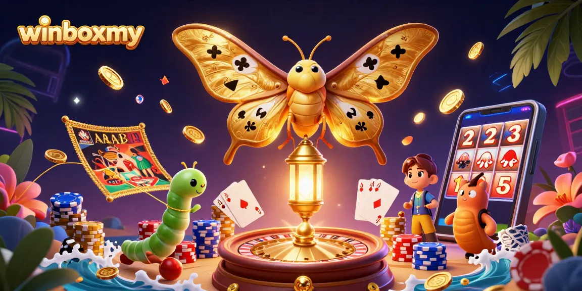 WinboxMY showcases a thrilling casino scene featuring a vibrant atlas moth and golden treasures.
