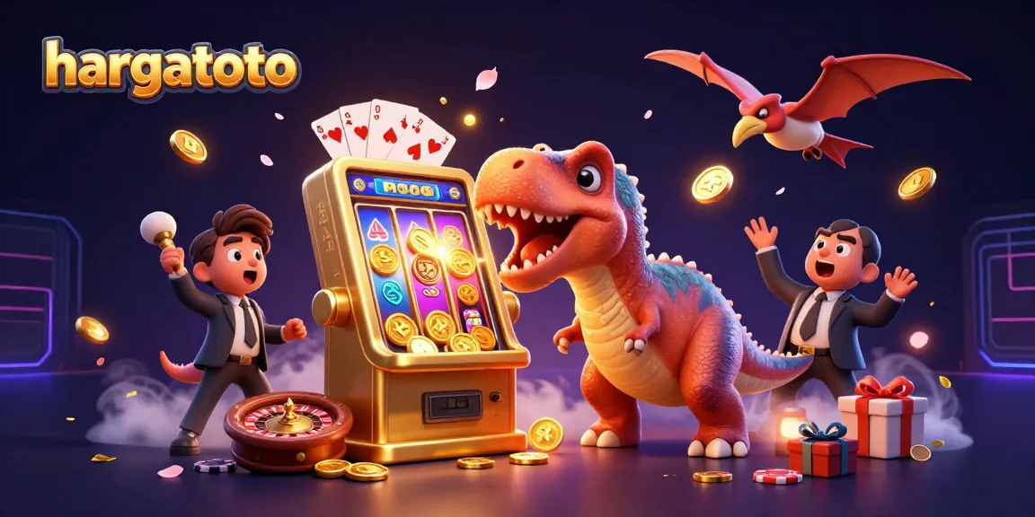 hargatoto features a cartoon dinosaur headbutting a slot machine amid flying coins and colorful gaming elements.