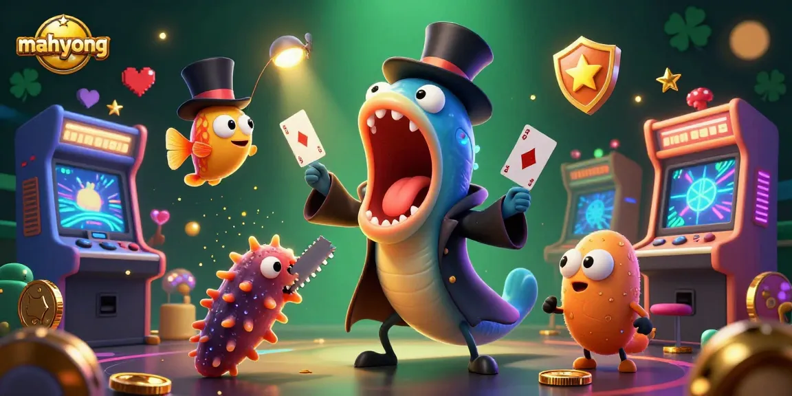 Join the exciting mahyong action while a bioluminescent eel performs card tricks in a vibrant casino scene.