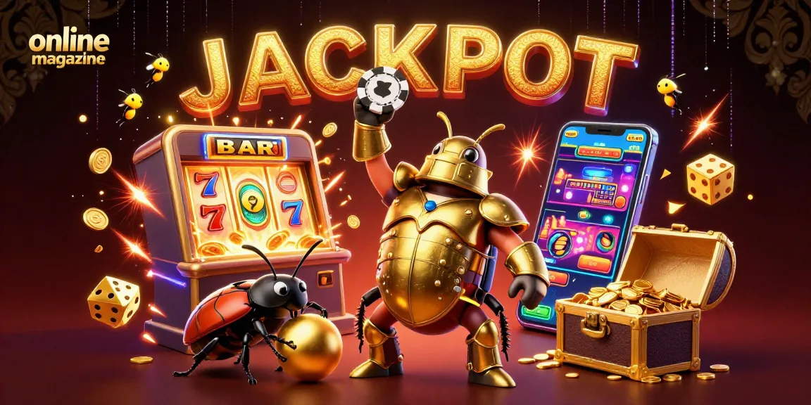 Engaging online magazine scene with cartoon bugs celebrating a casino jackpot