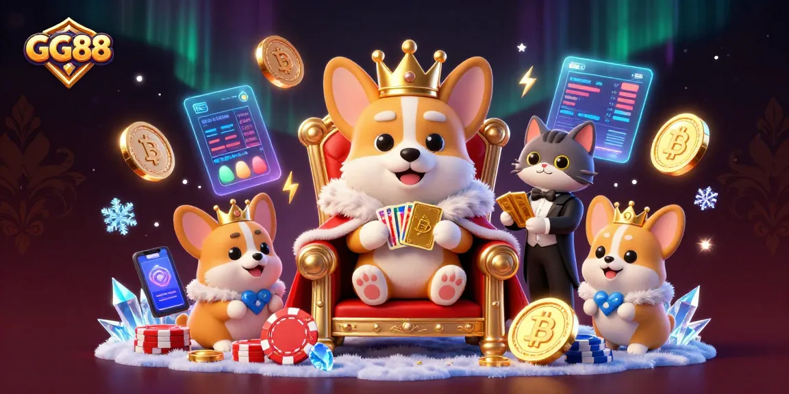 Win with GG88: A royal corgi presides over a vibrant casino scene filled with crypto delights.